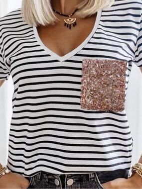 BLACK WHITE CHIC STRIPED TEE SEXY NECKLINE SEQUINED POCKET SIZE XL